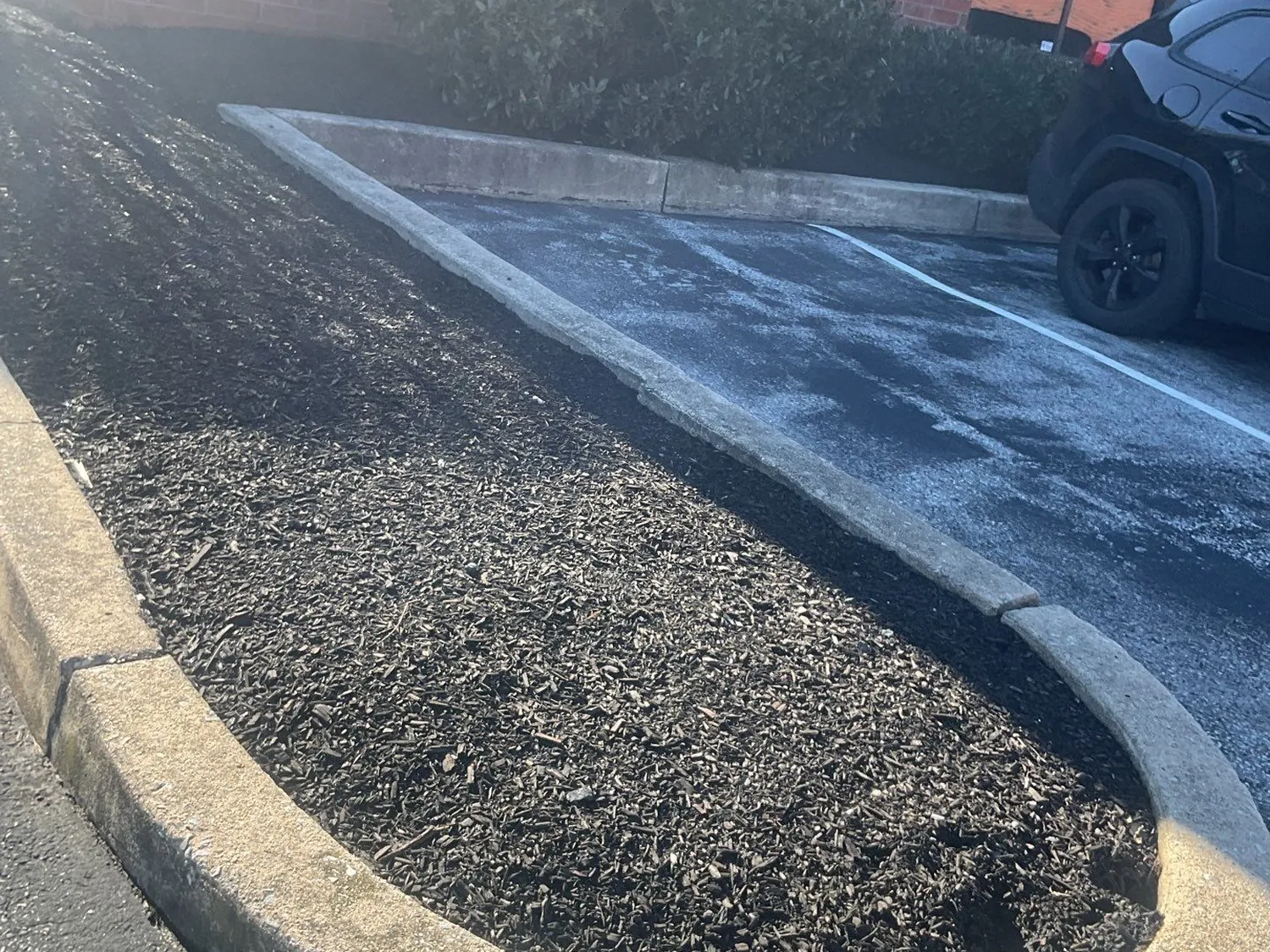 Fresh mulch installed in a commercial parking-lot landscape island with stone curbing